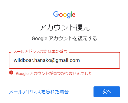 アカウントの確認のためのメールアドレス入力