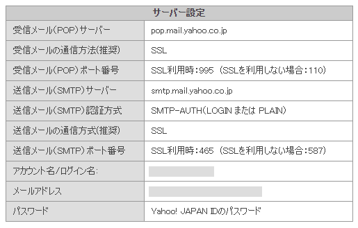 Yahooメール設定情報